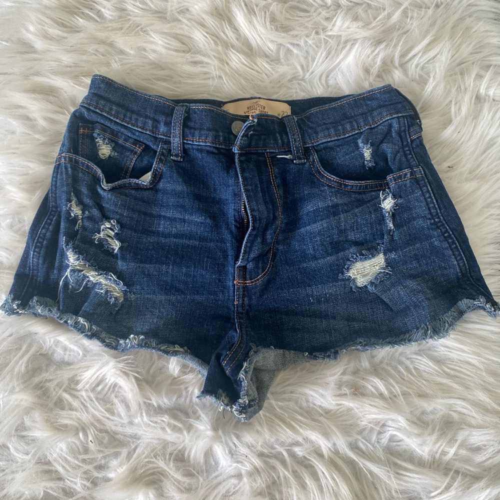 Hollister Blue Jean Shorts Distressed Frayed Hem